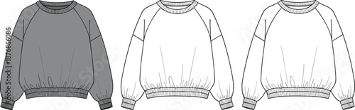 Unisex sweatshirt technical fashion CAD drawing with front views rib cuffs and hem cad drawing flat vector illustration