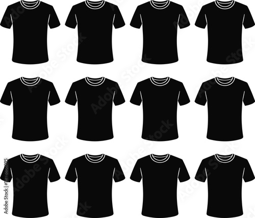 Twelve black t-shirts with white necklines arranged in a grid pattern on a white background