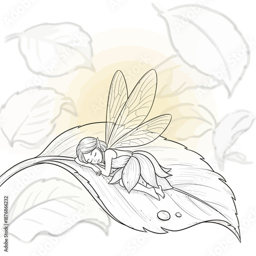 Whimsical illustration of a delicate fairy with translucent wings peacefully sleeping on a large dew kissed leaf surrounded by soft ethereal light and faded botanical outlines