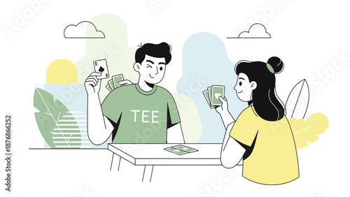Cheerful Couple Enjoying a Card Game Together In Leisure Time Illustration