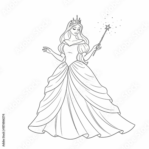 Elegant princess with a crown and sparkling magic wand wearing a voluminous ball gown depicted in a detailed line art illustration evoking fantasy and fairytale wonder
