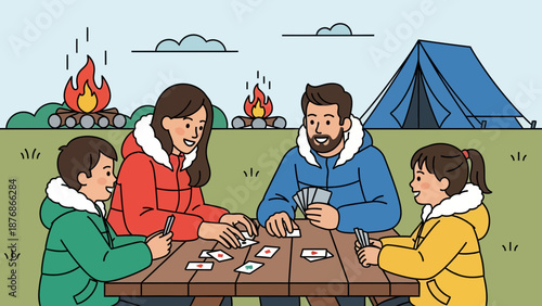 Cheerful Family Having Quality Time Together Playing Cards During Camping Trip