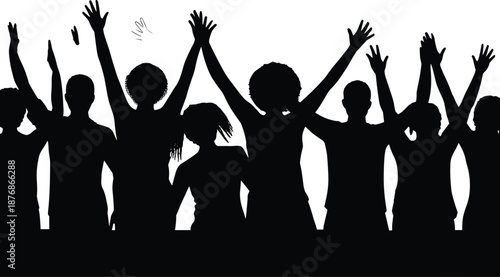Silhouettes of diverse people raising their hands in celebration against a white background with the word love