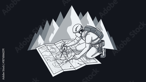 Climber Plots Route On Topographic Map In Mountainous Terrain Preparation Adventure