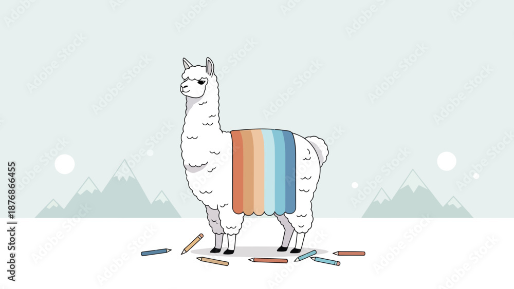 Obraz premium Colorful Llama Surrounded By Pencils Standing Against A Mountain Backdrop