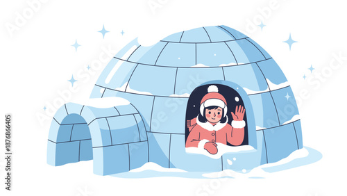 Cheerful Girl Waving From Inside Of A Cozy Cartoon Igloo Home