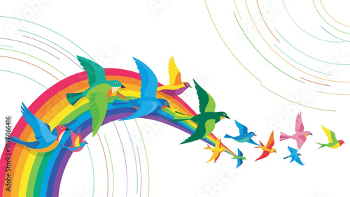 Colorful Avian Flight Over Rainbow Arch Symbolizing Hope And Positive Change