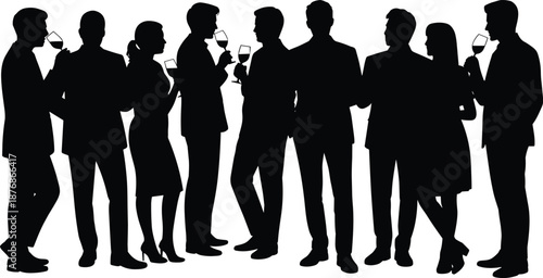 Group of people in formal attire holding wine glasses and smartphones in a social gathering silhouettes