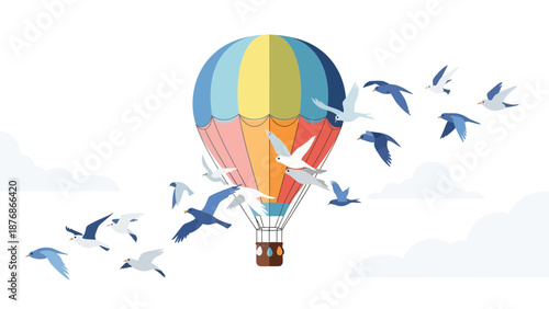 Colorful Hot Air Balloon Ascending Skyward Amidst a Flock of Birds