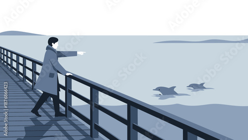 Coastal Observation Man On Pier Spotting Dolphins In Calm Waters