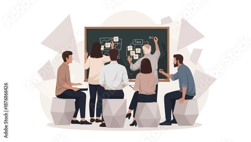 Collaborative Strategy Session: Business Team Brainstorming Ideas On Blackboard