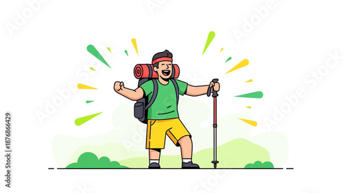 Cheerful Hiker Celebrating A Mountain Trekking Adventure Reaching The Summit
