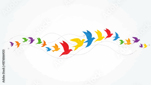 Colorful Birds Fly In Formation With A Wavy Line On White Background