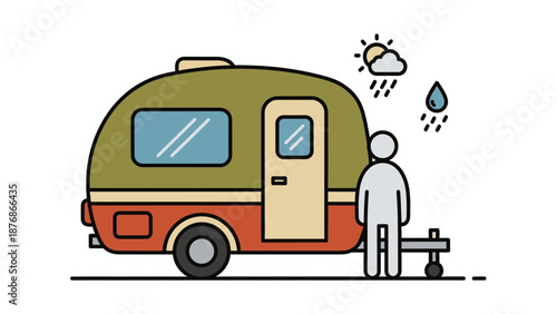 Colorful Camping Van Illustration With Rainy Weather Icon Beside A Person Standing