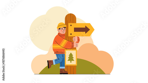 Cheerful Hiker Leaning on Signpost Vector Illustration in Nature Scenery