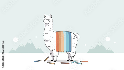 Colorful Llama Surrounded By Pencils Standing Against A Mountain Backdrop