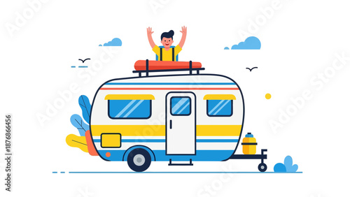 Colorful Illustration Of A Man Waving From The Top Of A Travel Trailer