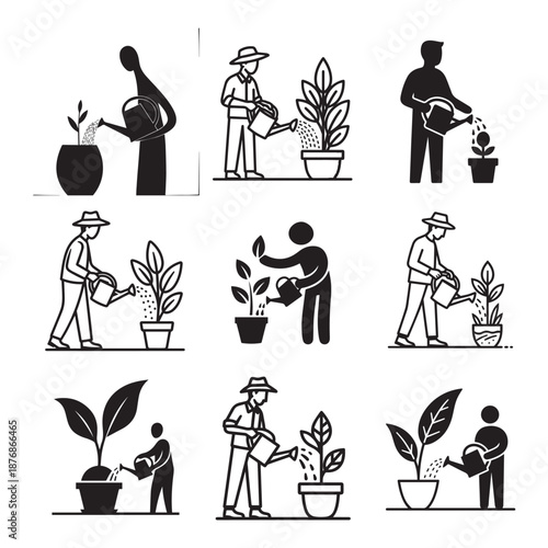 Black Line Art Gardener Caring Potted Plant