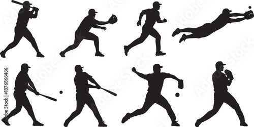 A set of vector illustrations featuring black silhouettes of dancing girls and people engaged in sport action like football, tennis, and basketball competition
