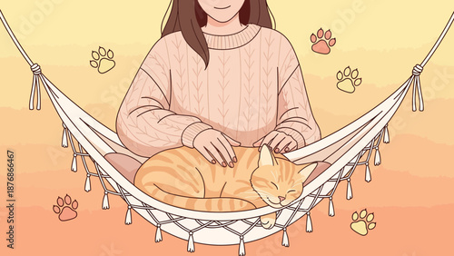 Comfortable Moment Young Woman Petting Her Sleeping Cat In A Hammock