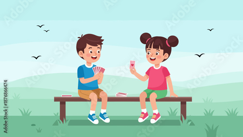 Cheerful Kids Enjoying Card Game Outdoors Together on a Park Bench