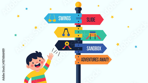 Colorful Playground Direction Sign With Cartoon Child Ready For Outdoor Adventures