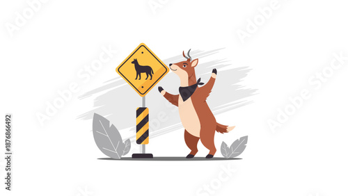 Comical Illustration Featuring Deer Beside Road Sign Symbolizing Animal Crossing Caution