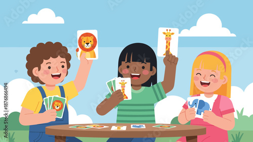 Cheerful Kids Playing Animal Matching Card Game At Home Or Kindergarten