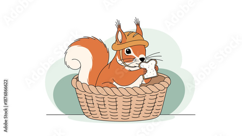 Cheerful Squirrel Enjoying A Slice Of Bread In A Woven Basket Illustration