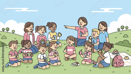 Cheerful Students Enjoying a Picnic with Teacher in a Verdant Field