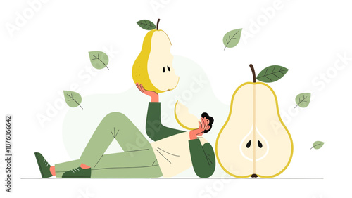 Conceptual Flat Illustration of Person Relaxing with Fresh Sliced Pear