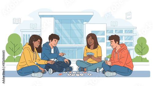 Cheerful Students Enjoying Card Games on University Campus Lawn Friendship