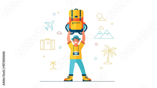 Cheerful Traveler Lifting Backpack Ready For Adventure And Exploring New Destinations