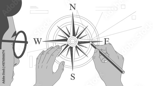 Conceptual Illustration Of Man Drawing A Compass Rose For Navigational Purposes