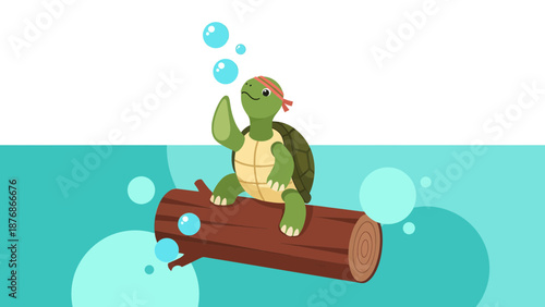 Cheerful Turtle Cartoon Enjoying a Drift on a River Log Illustration
