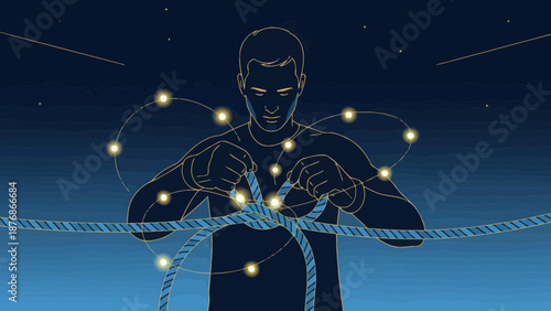 Conceptual Illustration Man Tying a Knot with Glowing Orbs Connection Strategy