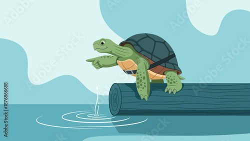 Cheerful Turtle Directing The Way While Sitting On A Log Near Water