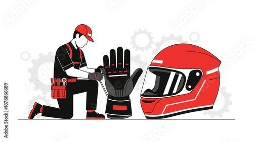 Conceptual Illustration Of Racing Equipment With Pit Crew Mechanic Isolated On White