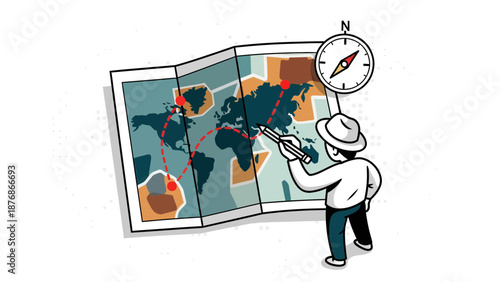 Conceptual Journey Planning Around The Globe With Man Compass And Route Map