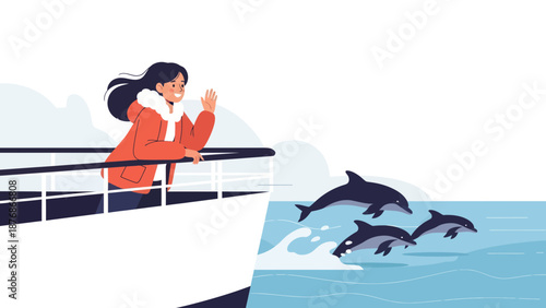 Cheerful Woman Enjoying Dolphin Watching Cruise on Ship Deck Adventure