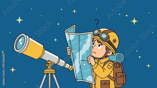 Confused Astronomer Looking At Star Map Beside Telescope Under Starry Night