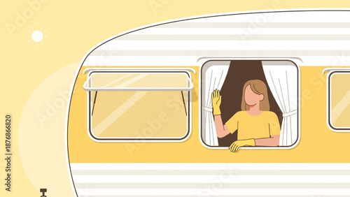 Cheerful Woman Waving From Caravan Window On Vacation In Yellow Colors