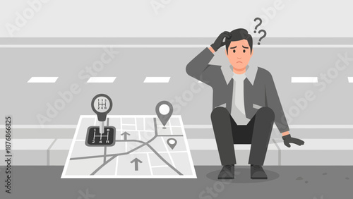 Confused Driver Looking At Gearshift Map Illustration Representing Car Repair Problem