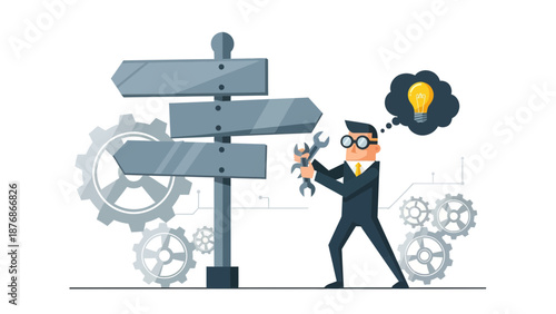 Confused Businessman With Wrench Seeking Solution At Crossroads Decision Point Concept