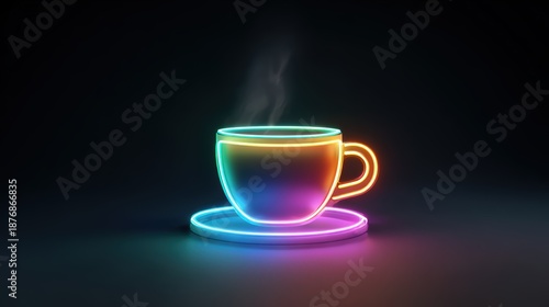 Vibrant glowing neon coffee cup sign for cafe advertisement and interior decor