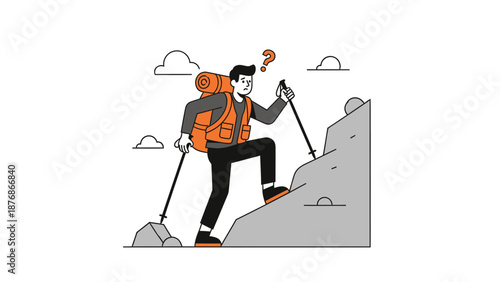 Confused Hiker Ascending Mountain Trekking With Poles And Backpack