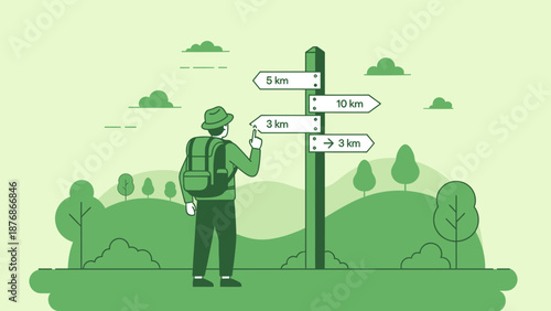 Confused Hiker At The Crossroad Choosing The Destination And Adventure