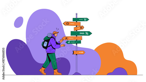 Confused Hiker Looks At Directional Signs With Business Icons Symbolize Opportunity