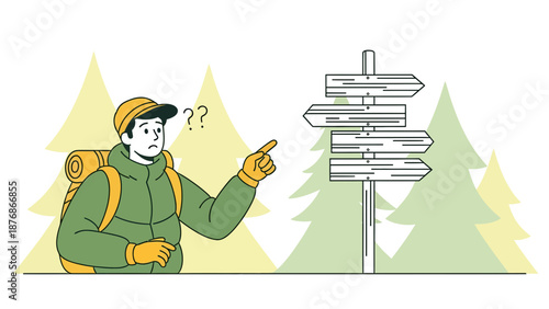 Confused Hiker Near Signpost In Wilderness, Vector Illustration Graphic Resource