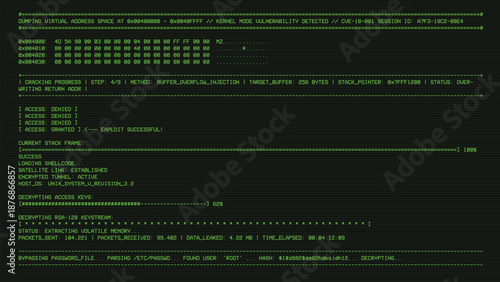 Realistic monochrome green CRT monitor with horizontal scanlines. Green color window with process progress bar for loading and hacking. 80-s hacking UI program on computer with code and ASCII.